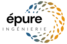 Le nom de l'entreprise « Épure Ingénierie » en avant-plan d'une spirale de petites formes géométriques, allant du bleu à droite au jaune à gauche